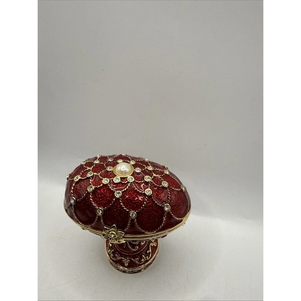 Jeweled Enameled Hinged Red Egg Trinket/Jewerly Box